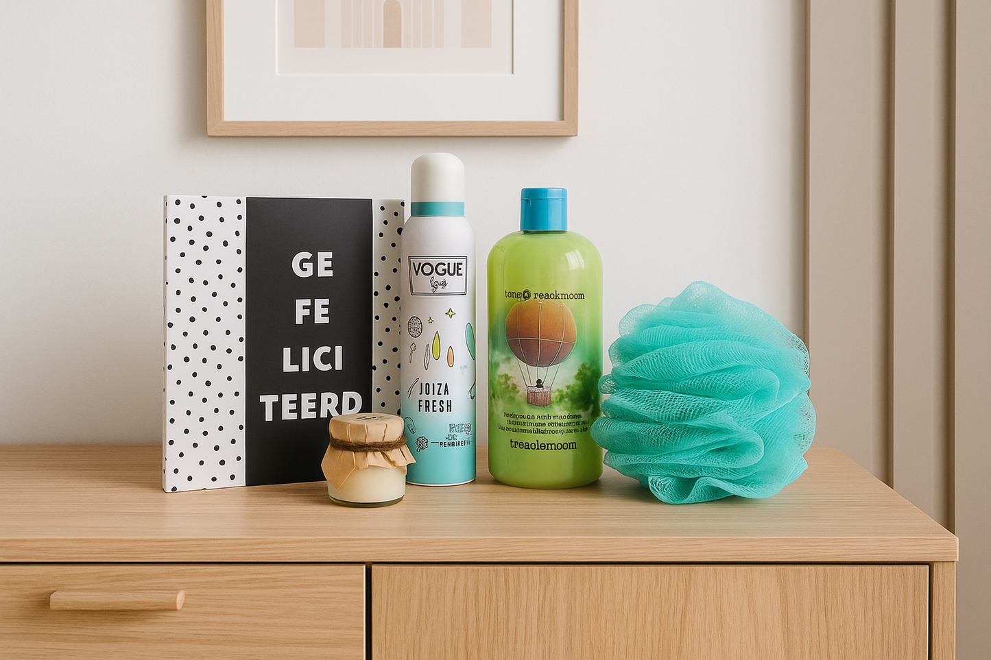 Vogue Verjaardag Cadeauset met Deo -Douche - Puff - Chocolade & Kaars