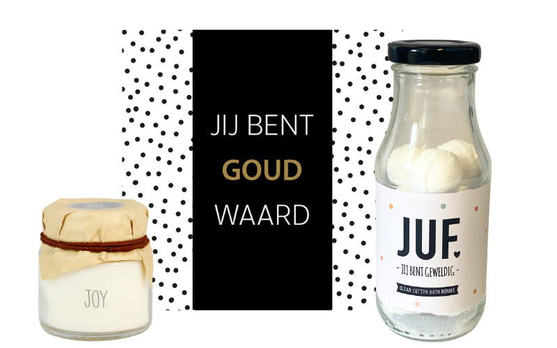 Soap & Gifts Cadeauset Juf Goud Waard met kaars