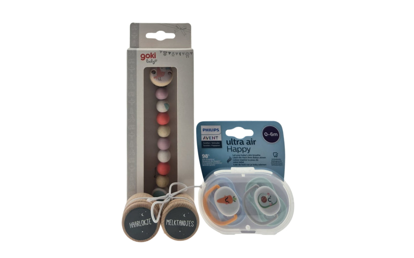 Avent Kraamcadeauset met Fopspeen - Ketting Roze - Haarlokje en Melktandjes doosjes