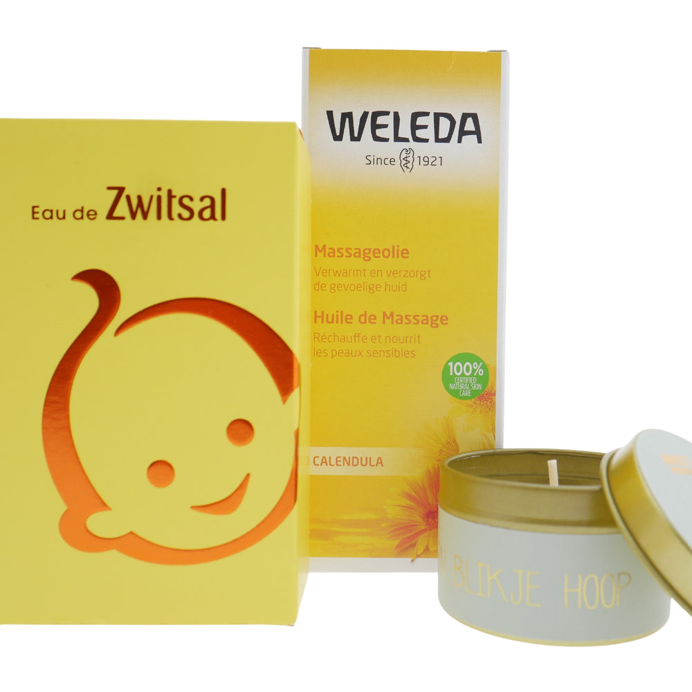 Zwitsal Eau de toilette Cadeauset, Weleda massageolie en Blikje hoop