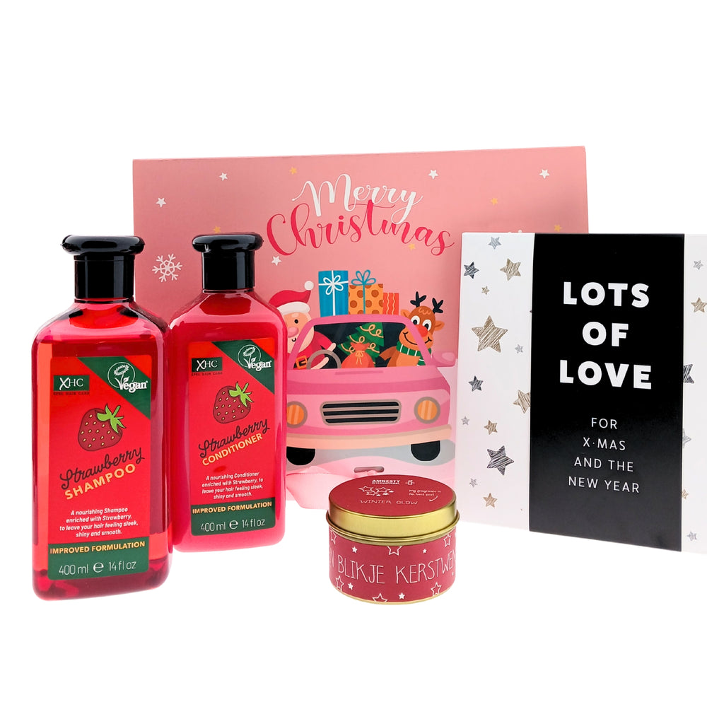 XHC Cadeauset Kerst Strawberry Shampoo & Conditioner - Chocoladewens - Kaars Kerstwensen