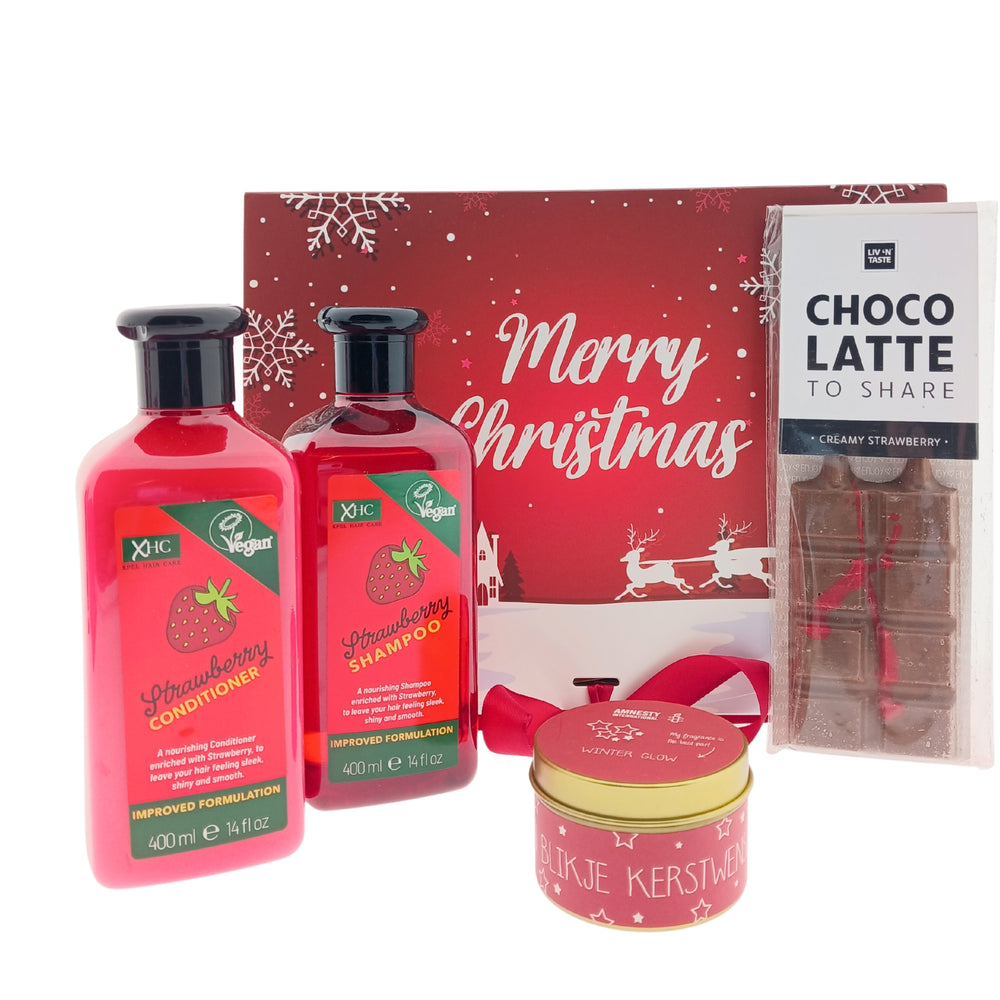 XHC Cadeauset Kerst Shampoo&Conditioner Strawberry - Chocolade Latte & Kaars Kerstwensen