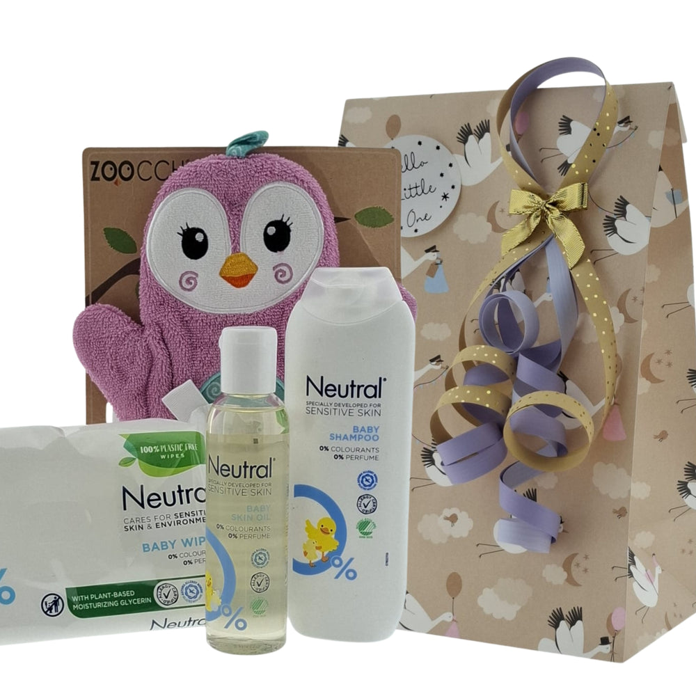 Neutral Baby Cadeauset met Shampoo, Huidolie & Billendoekjes – Zoocchini Baby Washand Pinquin
