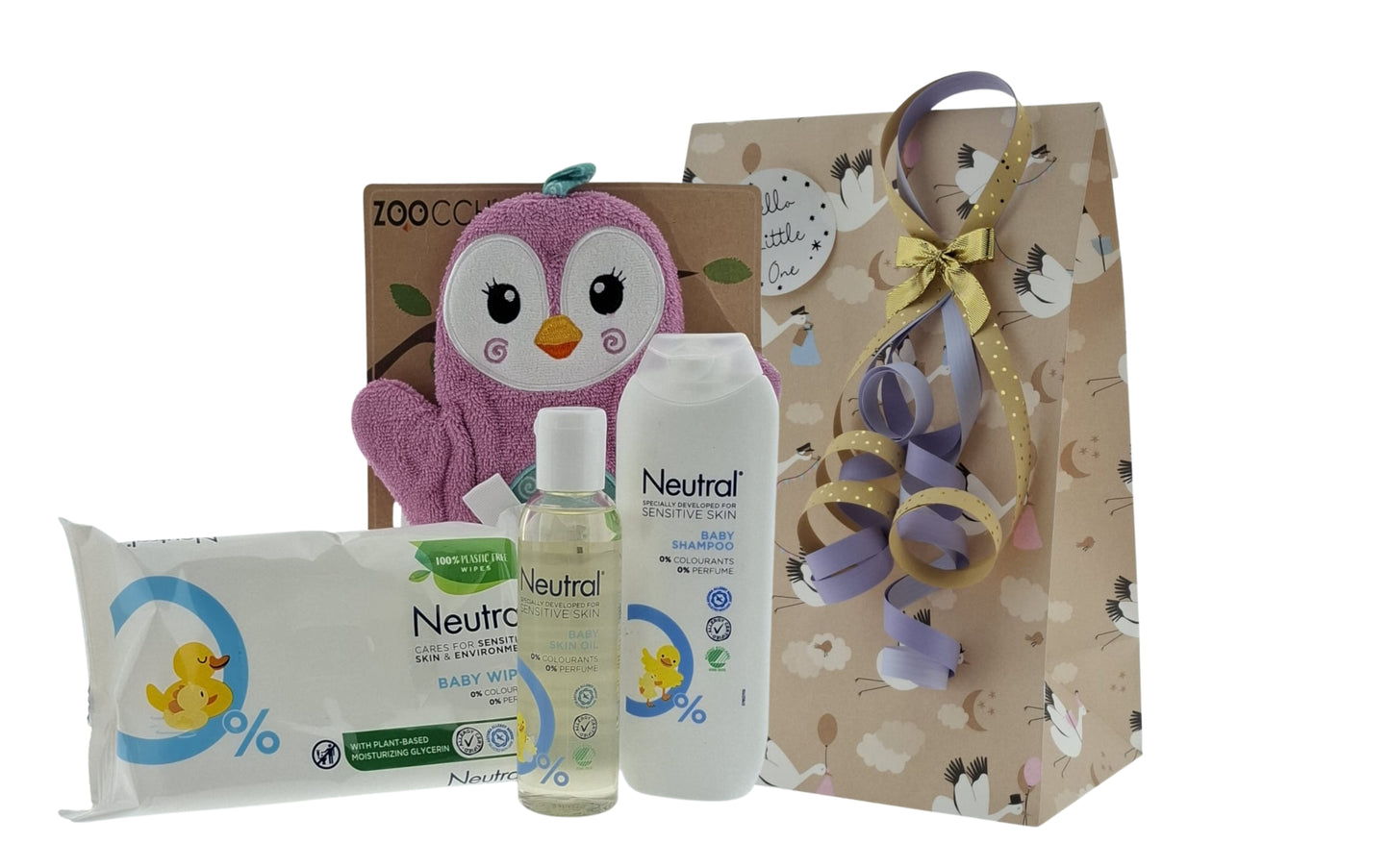 Neutral Baby Cadeauset met Shampoo, Huidolie & Billendoekjes – Zoocchini Baby Washand Pinquin