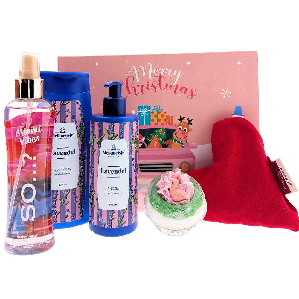 Melkmeisje Cadeauset Kerst Lavendel Douche & Handzeep - So… Body Mist - Hartje kersenpit & Buisbal Flamingo