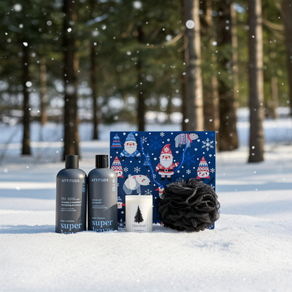 Attitude Cadeauset Kerst Men Douche&Shampoo, Fijne Kerst Kaars & Zwarte puff