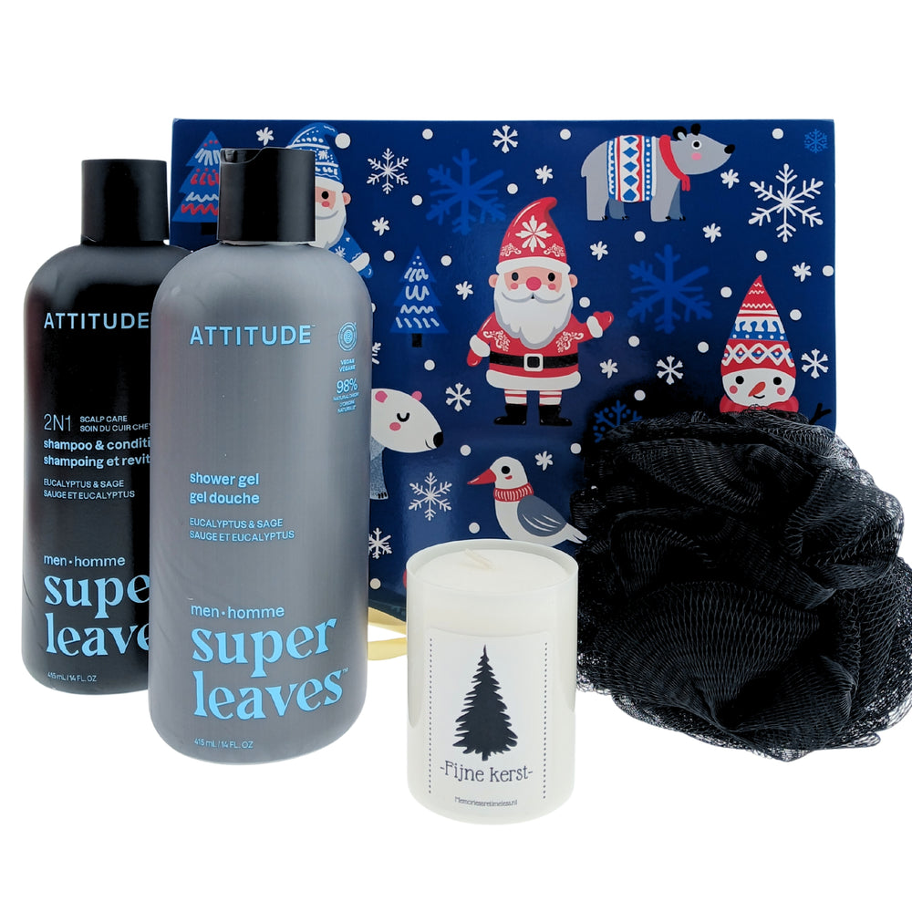 Attitude Cadeauset Kerst Men Douche&Shampoo, Fijne Kerst Kaars & Zwarte puff