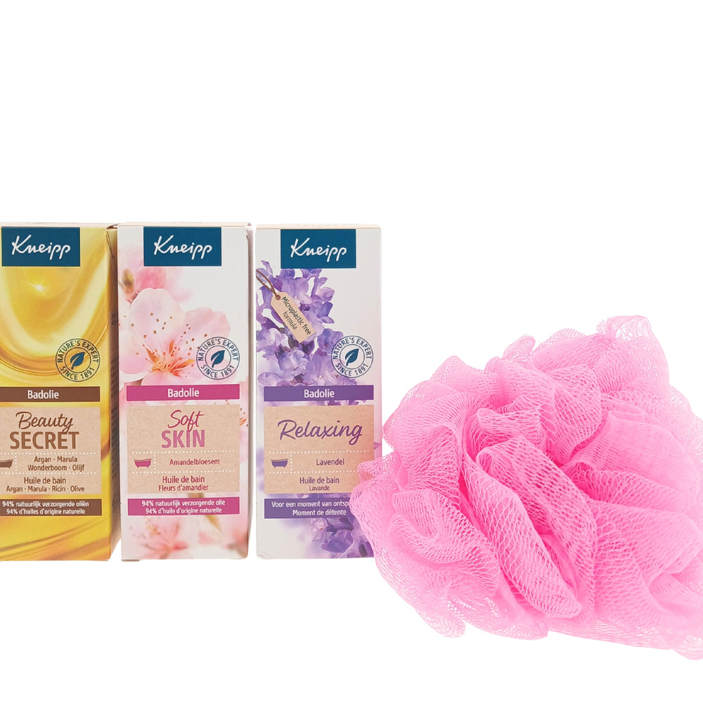 Kneipp Cadeauset Bad Olie Relaxing & Soft Skin & Roze puff