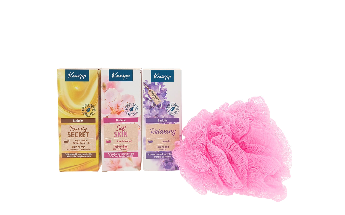 Kneipp Cadeauset Bad Olie Relaxing & Soft Skin & Roze puff