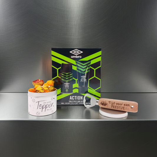 Umbro Action Men Cadeauset Snoepblikje Topper & Bieropener Tijd Voor Een Feestje