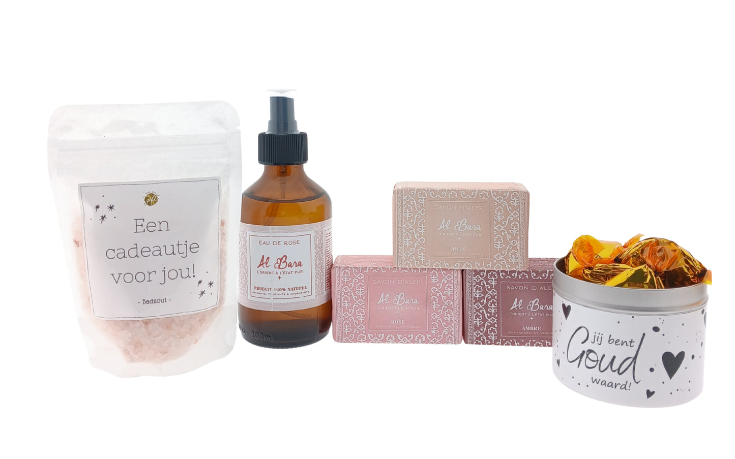 Al Bara Cadeauset Rozenwater & Zeepjes met Snoepblikje Badzout