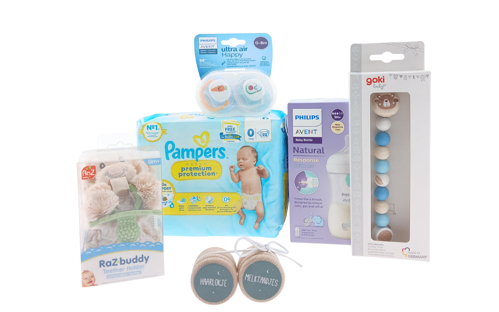 Avent Kraamcadeauset met Pampers Luiers - Drinkfles - Fopspeen - Ketting Blauw - Bewaardoosjes