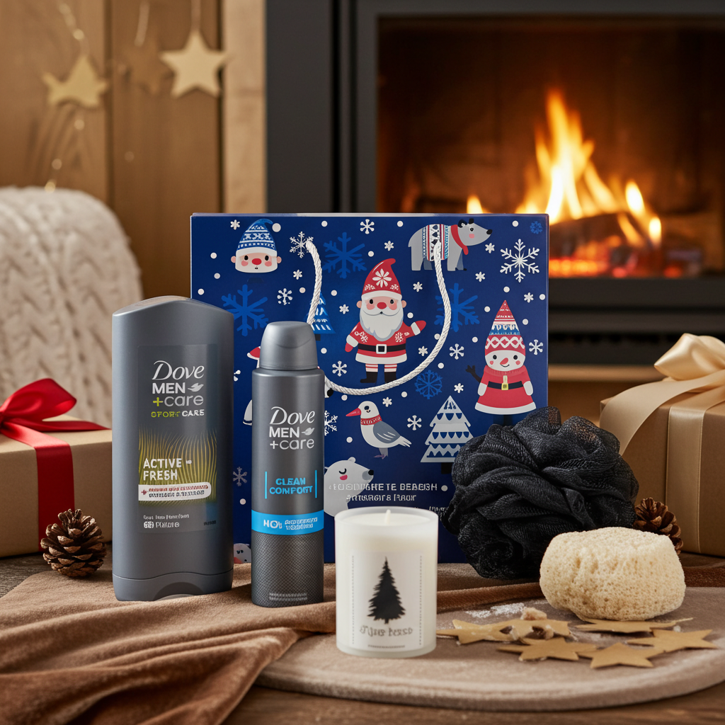Dove Gift Set Christmas Men Shower &amp; Deodorant - Candle Merry Christmas &amp; Black Puff 