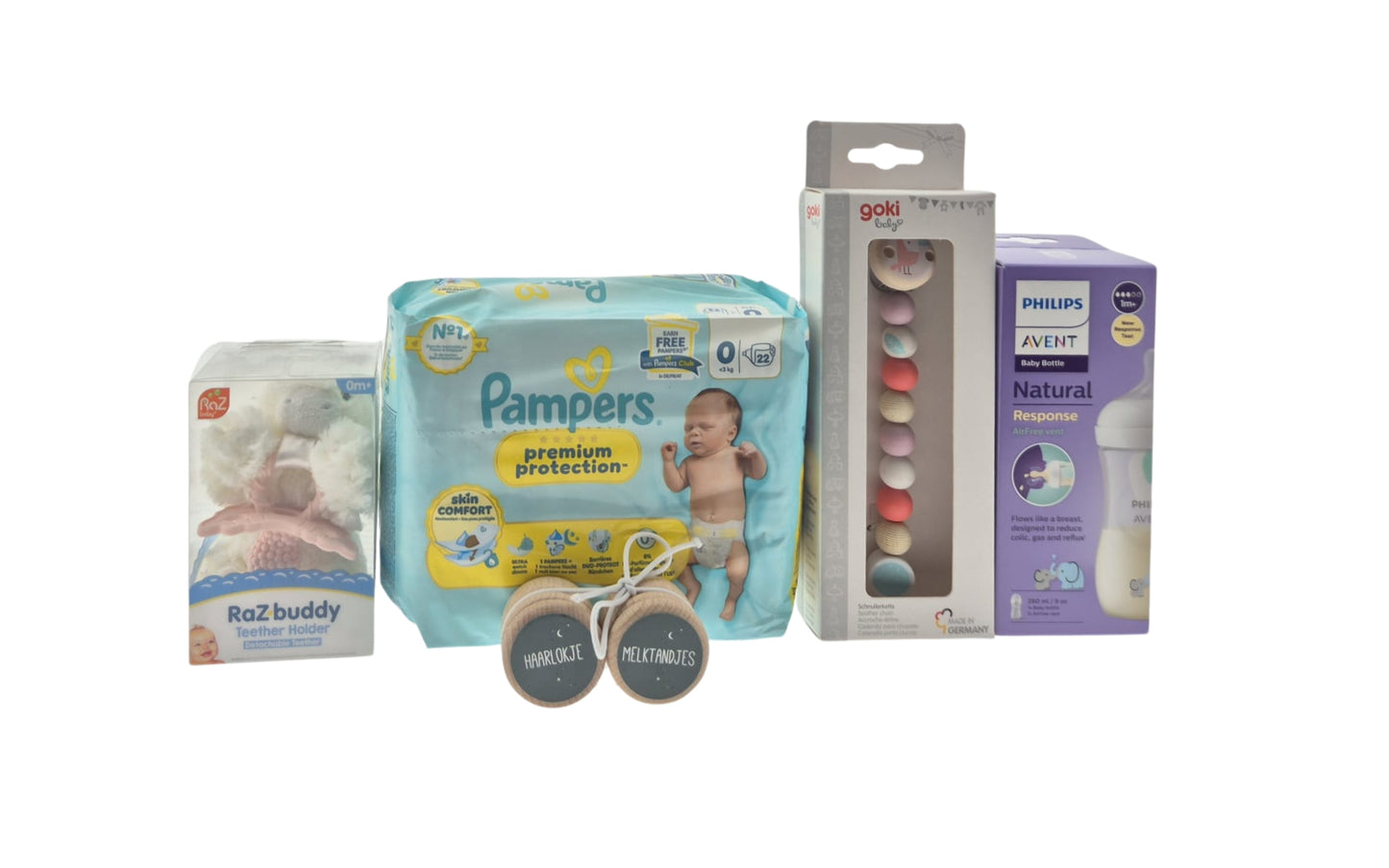 Avent Kraamcadeauset met Pampers Luiers - Drinkfles - Fopspeen - Ketting roze - Bewaardoosjes