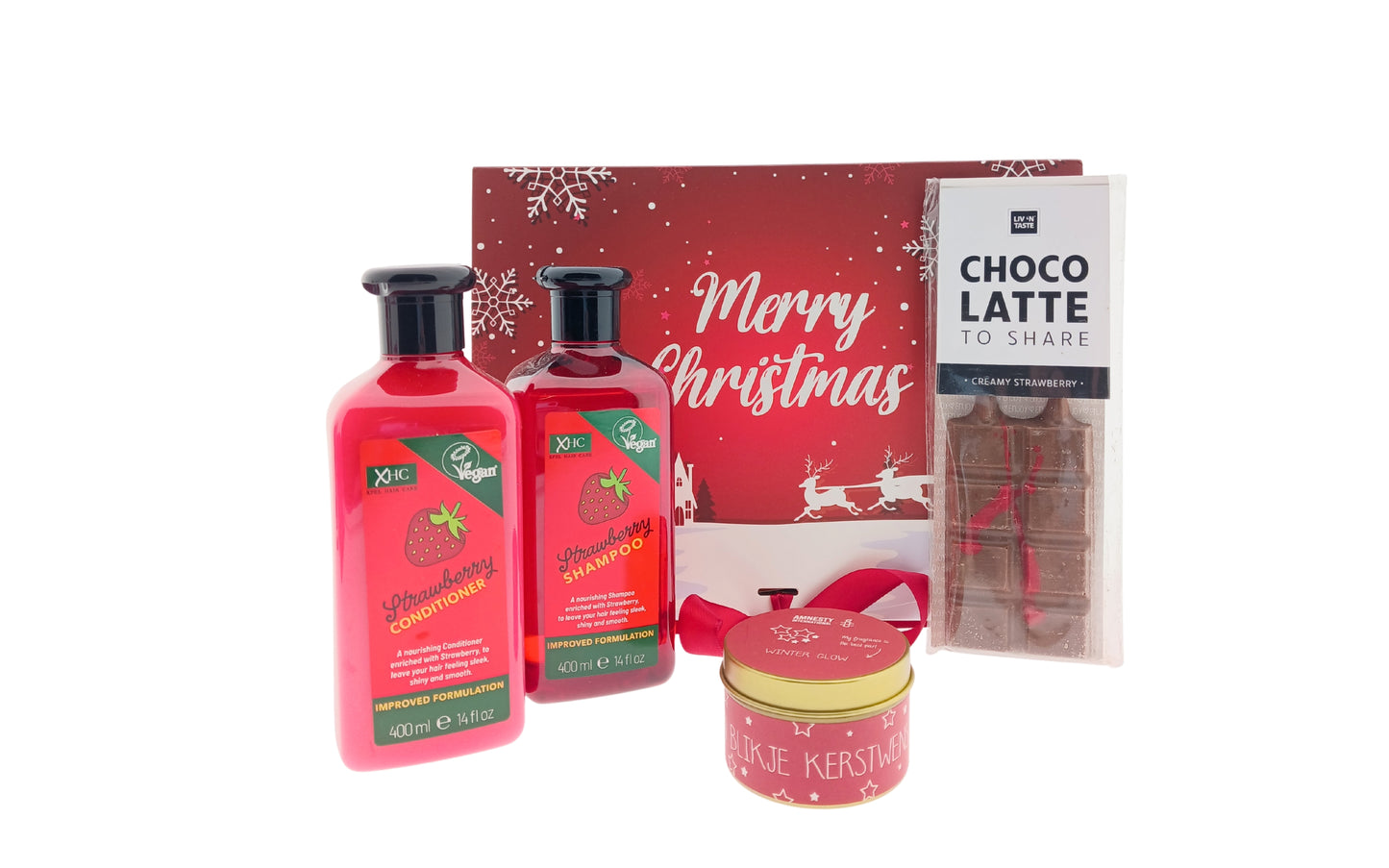 XHC Gift Set Christmas Shampoo &amp; Conditioner Strawberry - Chocolate Latte &amp; Candle Christmas Wishes 