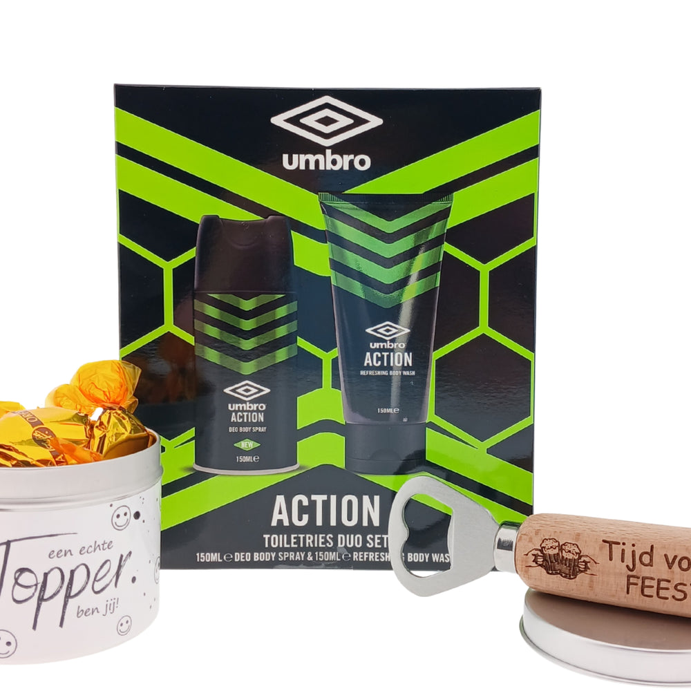 Umbro Action Men Cadeauset Snoepblikje Topper & Bieropener Tijd Voor Een Feestje