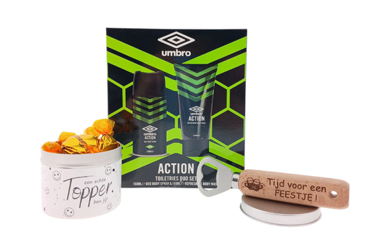 Umbro Action Men Cadeauset Snoepblikje Topper & Bieropener Tijd Voor Een Feestje
