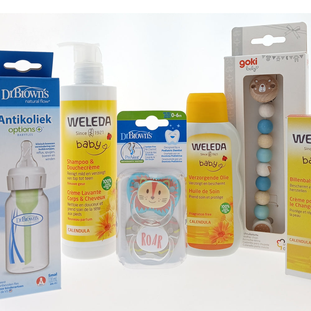 Weleda Luxe Kraamcadeau met Verzorging - Fopspeen - Houder Blauw - Drinkfles