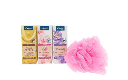 Kneipp Cadeauset Bad Olie Relaxing & Soft Skin & Roze puff