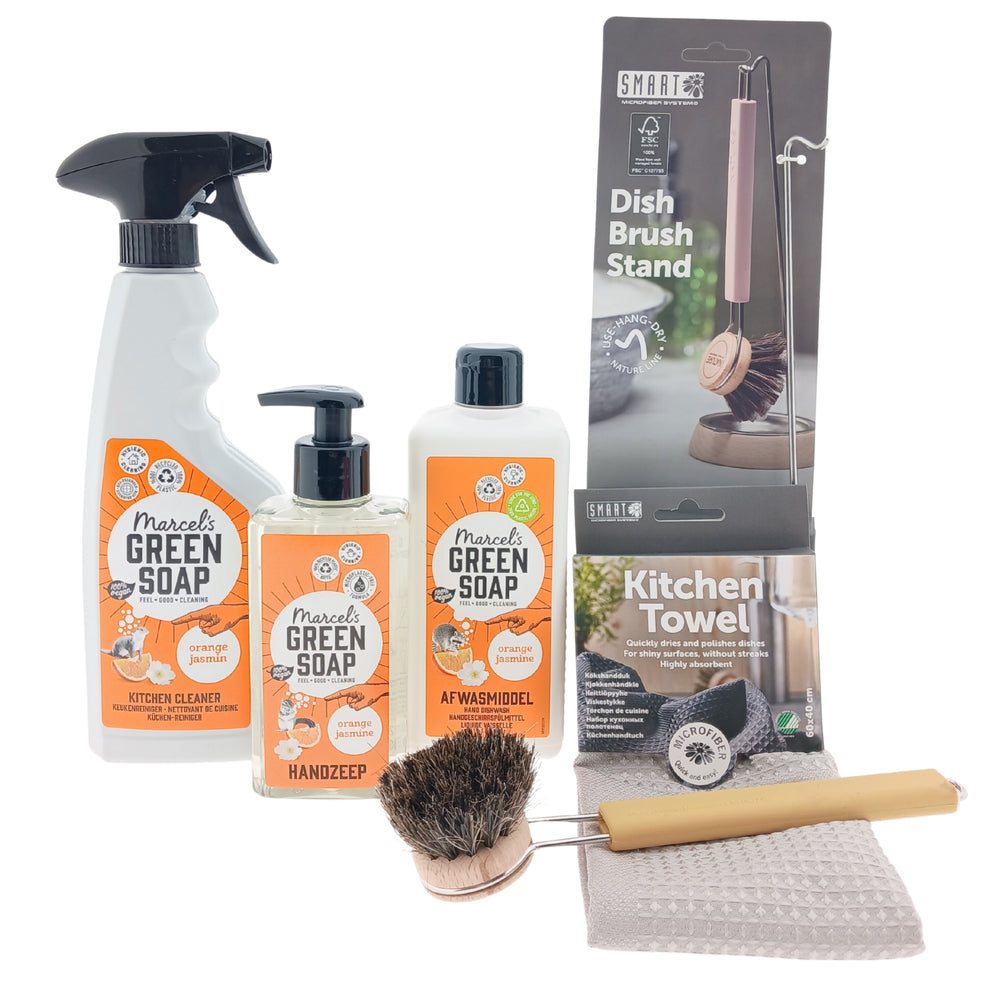 Green Soap Cadeauset New Home Orange Compleet Afwasborstel Keukenhanddoek