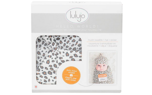 Lulujo Hello World Swaddle & Hat Leopard