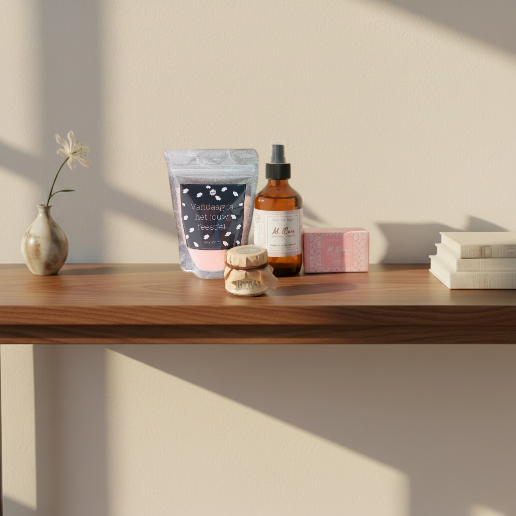 Al Bara Cadeauset Gefeliciteerd met Rozenwater - Zeep - Kaars & Body scrub