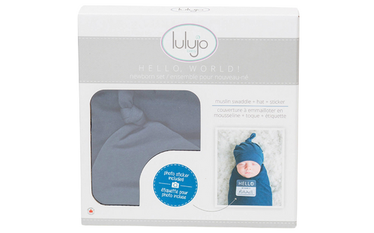 Lulujo Hello World Swaddle & Hat Navy