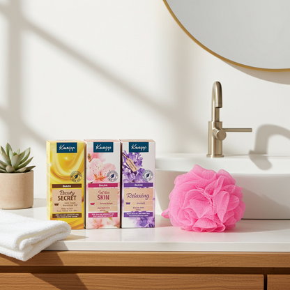 Kneipp Cadeauset Bad Olie Relaxing & Soft Skin & Roze puff