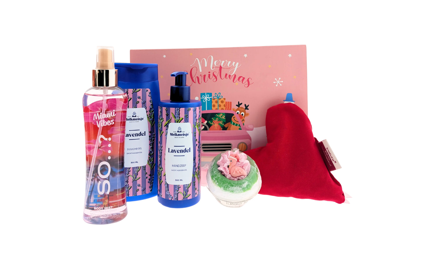 Milkmaid Gift Set Christmas Lavender Shower &amp; Hand Soap - So… Body Mist - Cherry Stone Heart &amp; Flamingo Tubular Ball 