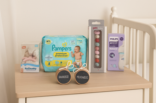 Avent Kraamcadeauset met Pampers Luiers - Drinkfles - Fopspeen - Ketting roze - Bewaardoosjes