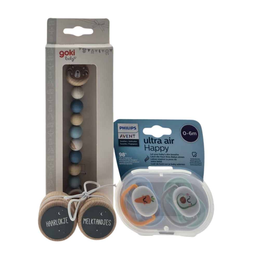 Avent Kraamcadeauset met Fopspeen - Ketting Blauw - Haarlokje en Melktandjes doosjes