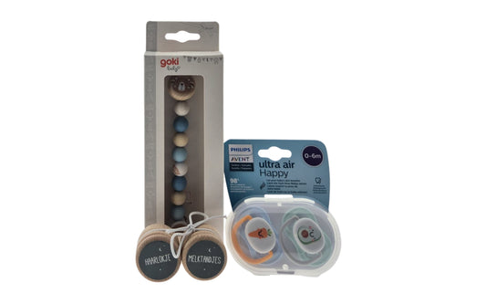 Avent Kraamcadeauset met Fopspeen - Ketting Blauw - Haarlokje en Melktandjes doosjes