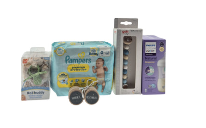 Avent Kraamcadeauset met Pampers Luiers - Drinkfles - Fopspeen - Ketting Blauw - Bewaardoosjes
