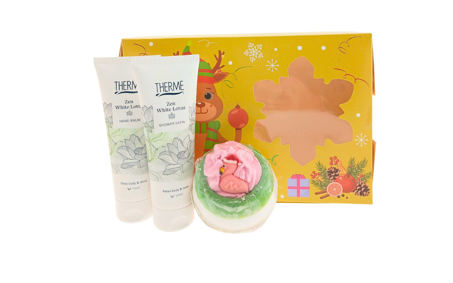 Therme Cadeauset Kerst Zen White Lotus Douche - Handbalm & Bruisbal Flamingo