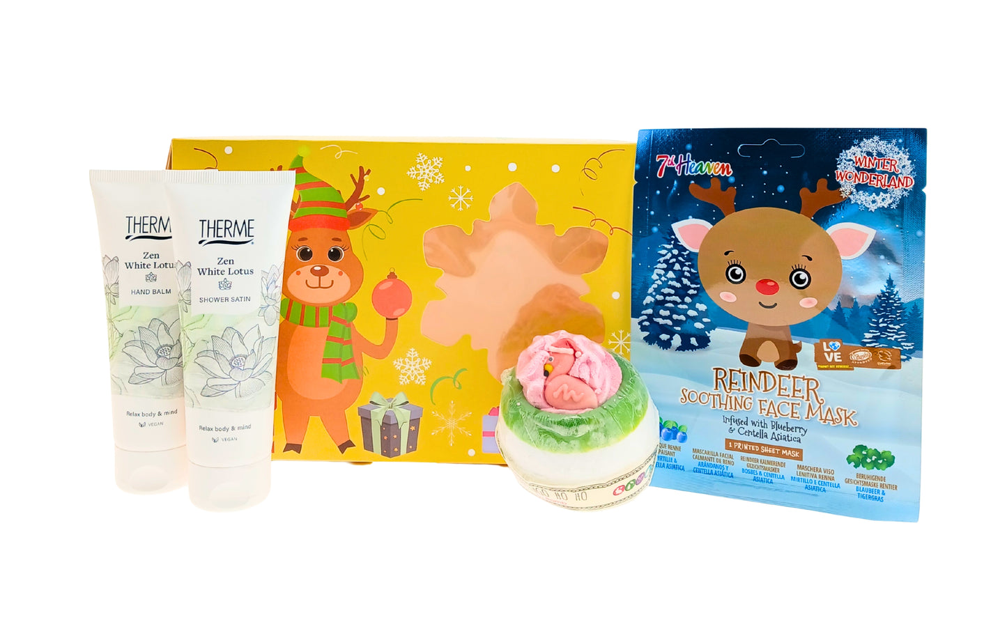 Therme Cadeauset Kerst Zen White Lotus Douche - Handbalm - Masker & Bruisbal Flamingo