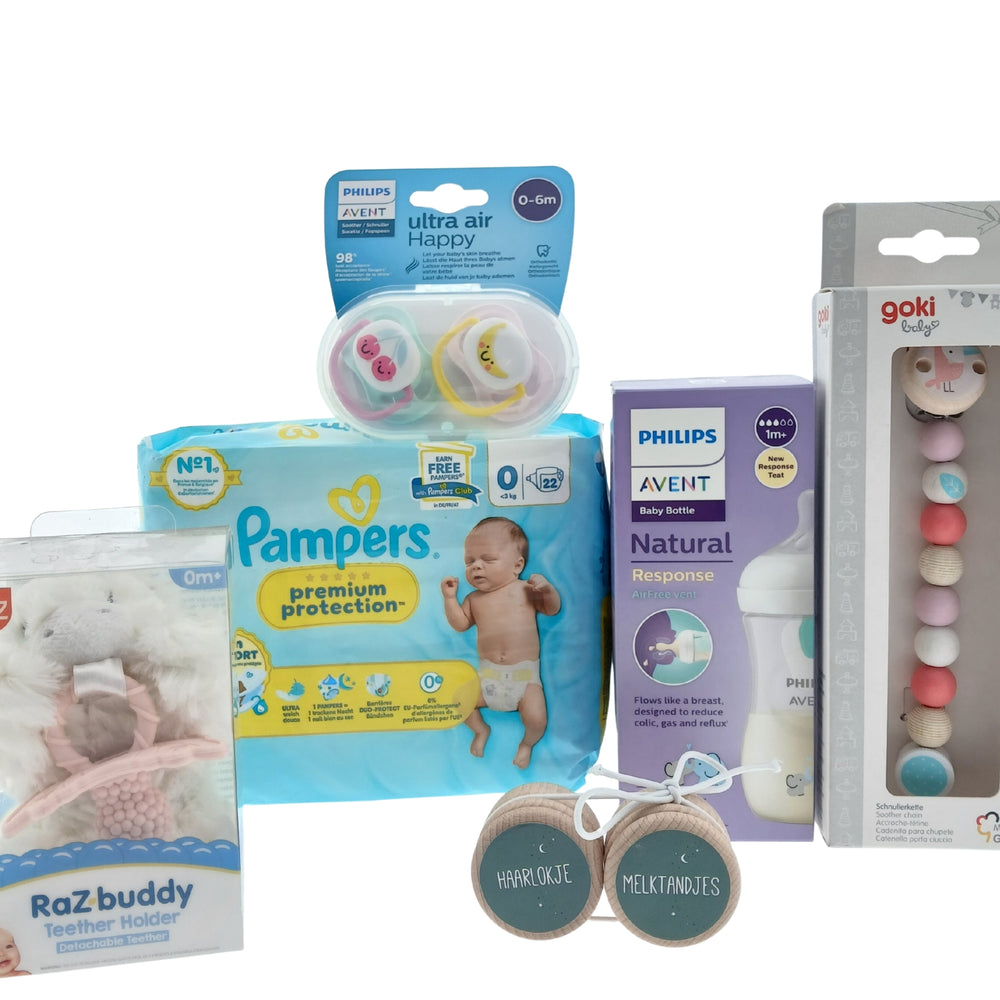 Avent Kraamcadeauset met Pampers Luiers - Drinkfles - Fopspeen - Ketting roze - Bewaardoosjes