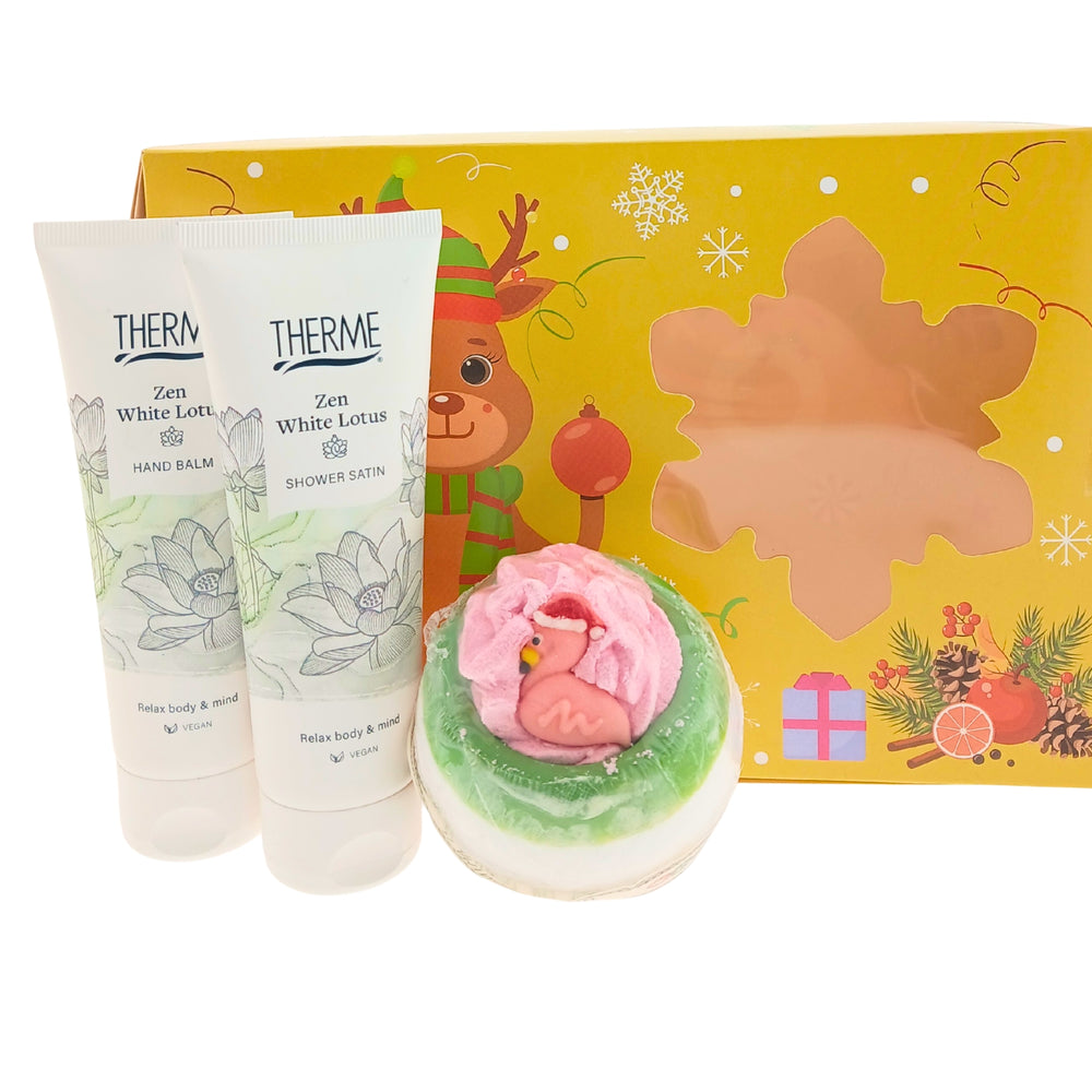 Therme Cadeauset Kerst Zen White Lotus Douche - Handbalm & Bruisbal Flamingo