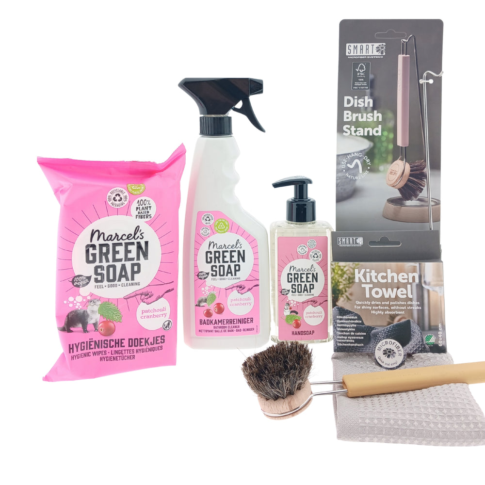 Green Soap Cadeauset New Home Patchouil Cranberry Compleet Afwasborstel Keukenhanddoek
