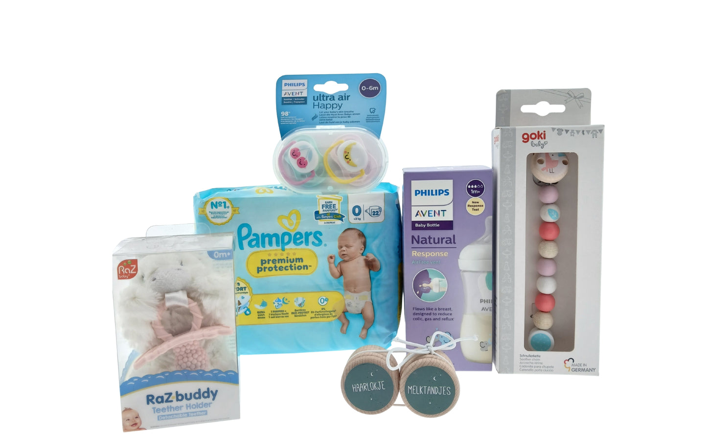 Avent Kraamcadeauset met Pampers Luiers - Drinkfles - Fopspeen - Ketting roze - Bewaardoosjes