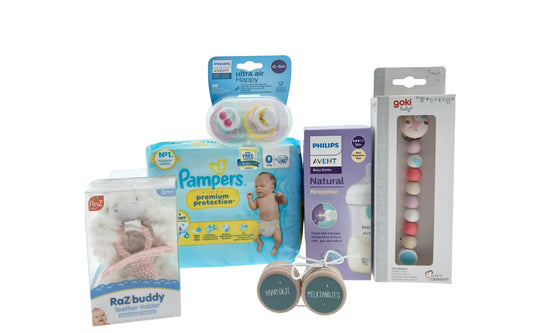 Avent Kraamcadeauset met Pampers Luiers - Drinkfles - Fopspeen - Ketting roze - Bewaardoosjes